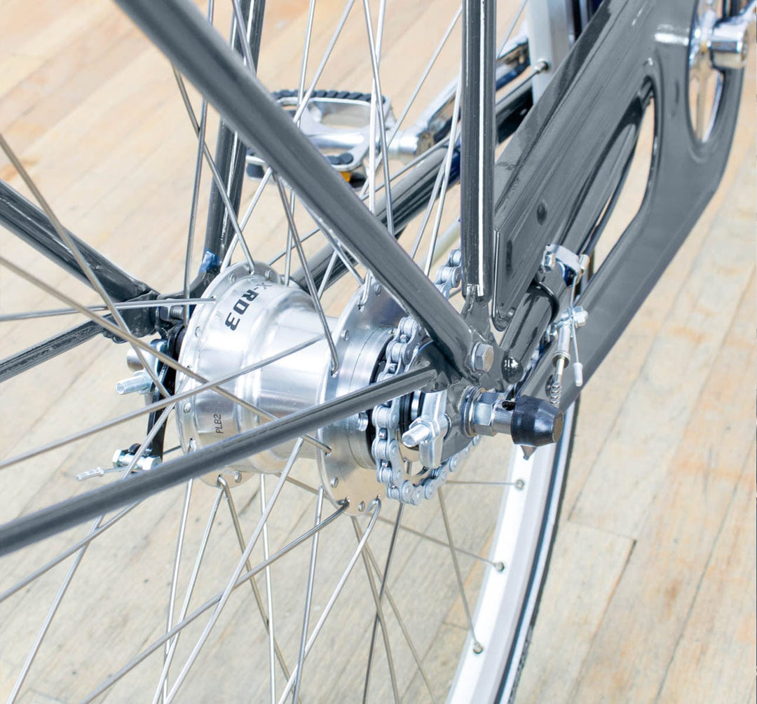 Achielle Basiel Opa Dutch Roadster City Bike in Steel Grey - Rear Hub Detail (4721853923379)