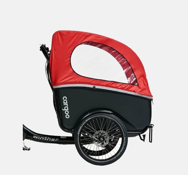 Winther Rain Hood in Colour Red Mounted on Cargoo Cargo Bike (6636962349107)